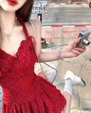 KYLETHOMASW  -  Woman Dresses Floral Printed Sleeveless Halter Irregular Ruffles Bow Bandage Backless Sexy Mini Dress Sweet Elegant Party