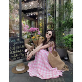 KYLETHOMASW  -  Pink Checkered Sleeveless Dress Women Summer 2025 New Vacation Style Cinched Waist Slimming Round Neck Vest Dresses