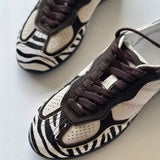 KYLETHOMASW  -  Autumn New Zebra Stripes Flats Sports Shoes Women Leather Patchwork Breathable Sneakers Casual Lace Up Comfort Running Shoe