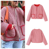 KYLETHOMASW  -  European and American style winter new round neck zipper retro red plaid warm cotton jacket