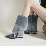 KYLETHOMASW  -  Designer Lapel Denim Women Ankle Boots Autumn and Winter Pointed Toe Korean Version Cowboy Boots Sexy Hottie Short Single Botas