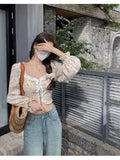 KYLETHOMASW  -  Blouse Women Floral Printed Ruffles Square Collar Sweet Fashion Long Sleeve Crop Tops French Style Spring Tops Ladies