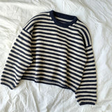 KYLETHOMASW  -  Women Y2K Striped Crew Neck Sweater Oversized Drop Shoulder Long Sleeve Cropped Knit Jumper Loose Casual Mohair Autumn Winter