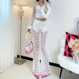 KYLETHOMASW  -  Sexy Y2K White Sheer Lace High Waist Flare Pants | See-Through Mesh Bell Bottom Trousers | Kawaii Aesthetic Summer Streetwear