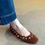KYLETHOMASW  -  Brown Metal Button Flower Decoration Ballet Flats women Faux Suede Design Loafers Elegant Comfortable Mary Jane Shoes for Women