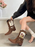 KYLETHOMASW  -  Vintage Ethnic Style Embroidery Woman Ankle Boots Shoes Ladies Elegant Thick Heel Western Cowboy Botas