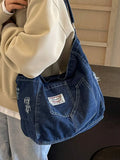 KYLETHOMASW  -  Vintage Faded Blue Slouchy Shoulder Bag For Women, Large Capacity Soft   College Style Fabric Tote Bag With Multiple Pockets