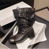 KYLETHOMASW  -  Vintage Thick Heel Women Knight Boots Fashion Ladies Metal Buckle Pleated Motorcycle Mid Calf Booties