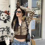 KYLETHOMASW  -  Zebra Print Knit Hooded Sweatshirt Sweater Fur Trimmed Retro Slim Long Sleeve Jacket Street Zip Up Full Winter Jumpers Coat
