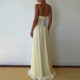 KYLETHOMASW  -  Elegant Pure Color Chiffon Dress Sexy Lace Spliced Mesh Pleated Evening Dress Fashion Hollow Out Sleeveless Halter Banquet Dress