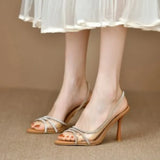 KYLETHOMASW  -  Classic Stiletto High Heels Womens Summer New Style Fairy Style Sexy Shallow Heel Hollow Pointed Rhinestone Open Toe Sandals