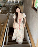 KYLETHOMASW  -  Women's Floral Print Chiffon Maxi Dress Puff Sleeve Square Neck Ruffle Trim Tie Front Long Dress for Summer