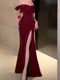 Kylethomasw Sexy Bodycon Long Dresses for Women Wedding Evening Party Prom Robe Ruffles Slash Neck High Split Hollow Out Summer New Vestido