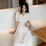 Kylethomasw Women Sweet White Embroidery Elegant High Waist Summer 2024 Dresses Ladies Sexy V-Neck Puff Short Sleeve Party Dress Vestidos