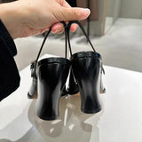 KYLETHOMASW  -  Fashion Black Patent Leather Mary Janes Slingbacks Women Pumps Spring Summer Wave Toe Chunky High Heels Office Lady Daily Shoes