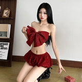 KYLETHOMASW  -  Summer Sexy Christmas Hot Girl Bow Strapless Slimming Crop Top Tube Top Shorts Set Spicy Girls Two Piece Sets Women Outfits