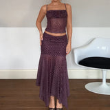 KYLETHOMASW  -  Fashion Polka Dot Print 2 Piece Set Spaghetti Strap Camis Crop Tops + Irregular Hem Pencil Maxi Skirts Women Vintage Outfits