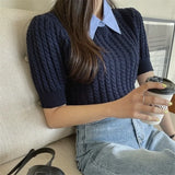 KYLETHOMASW  -  Spring Summer Knitting T-shirts Simple Hemp Pattern O Neck Solid Knitted Tees Short Sleeve Korean Fashion Ropa De Mujer