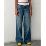 KYLETHOMASW  -  Spring and Autumn Solid Color Loose Jeans Women's Low-rise Wide-leg Pants Multi-Pocket Street Style Washed Jeans American Retro