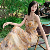 KYLETHOMASW  - Retro Beige Yellow Print Sleeveless Pleated Slip Long Dress Women Summer New Elegant Holiday Evening Party Dress Ladies Bohemian