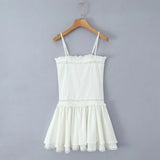 KYLETHOMASW  -  Sexy Beige White Lace Spliced Sling Dress Women Low waist A-line Summer Short Dresses Holiday Party  Robe Cotton