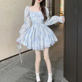 KYLETHOMASW  -  Spring Fall A-line Mini Dresses Blue Vintage Korean Fashion Vestidos Mujer Beach Style Sweet Print Women Dress