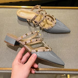 Kylethomasw Rivet Pointed Toe Mule Slippers Women Low Heel Fashion Brand Design Sandals Female Size 35-43 Red Sexy Studded Sandals Women