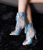 KYLETHOMASW  -  Shimmery Mesh Peep-Toe Ankle Boots Satin Ribbon Lace-Up Detail Sheer Mesh Stiletto Heel Sexy Style Openwork Dance Ankle Boots