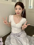Kylethomasw Elegant Lace Tops for Girls Y2k Bow V-neck Short Sleeve T-shirts Women Korean Fashion Summer Kawaii Cutecore Tights Tees