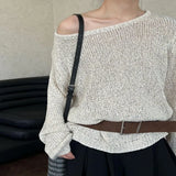 KYLETHOMASW  -  Knitted Sweater Women Diagonal Collar Off Shoulder Autumn Winter Hollow Out Belt Pullover Vintage Elegant Jumper Ladies