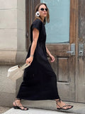KYLETHOMASW  -  Elegant Women Short Sleeve Midi Dress New Spring Summer Sexy Round Neck Draped High Waist Robe Office Party Long Dresses