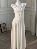 KYLETHOMASW  -  Casual White Solid Long Dresses Fairycore Slash Neck Inclined Shoulder Vestidos Summer Lace-up Ruched Trumpet Womens Dress