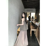 KYLETHOMASW  -  Korean New Neck Sleeveless Bud Top Fashion Suit Women's Summer High Waist Solid Color Skirt Two-piece Set