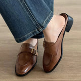 KYLETHOMASW  -  British Buckle Strap Mules Shoes Ladies Med-High Heels Slippers Slip On Derby Sliders Femmes Pantuflas PU Leather Loafers Woman