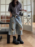 Kylethomasw Ripped Oversize Denim Shorts Jeans Hollow Out Calf-Length Pants Women Hip Hop Summer Fashion Streetwear Vintage Bottoms