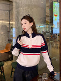 Kylethomasw American Retro Striped Sweater Women Half Zipper Knitwear Pullovers Oversized Streetwear Raglan Sleeve Winter Clothes