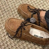 KYLETHOMASW  -  Spring Autumn Round Toe Women Loafers New Cow Suede Lace Up Flat Shoes Casual Versatile Doudou Shoes Soft Soled Lady Shoes