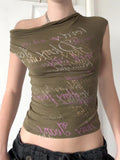 KYLETHOMASW  -  American street one shoulder wing printed short sleeved crop top T-shirt, spicy girl slim fit versatile casual top
