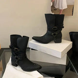 KYLETHOMASW  -  Black Chunky Heels Ankle Boots Woman Pointed Toe Rivet Fall Shoes Belt Buckle Western Style Cowboy Boots Zapatos Mujer