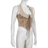 KYLETHOMASW  -  Western retro suede lace patchwork strap irregular short top American spicy girl niche sexy hanging neck vest
