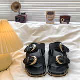 KYLETHOMASW  -  Black Soft Leather PU Flat Sandals Women Fashion Metal Buckle Slide Slippers Summer Light Non-Slip Beach Shoe Sandalias De Mujer