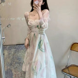 KYLETHOMASW  -  Chiffon Dresses Women Puff Sleeve Spring Summer Print Floral Vestidos Mujer French Style Vintage Sweet Long Dress