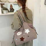 KYLETHOMASW  -  Women Cute Plaid Canvas Tote Bag Star Patch Shoulder Handbag Large Capacity Casual Student Shopping Bag Side Drawstring Design