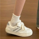KYLETHOMASW  -  Women White Canvas Sneakers Glitter Stripe Star Print Lace‑up Skate Shoes Casual Platform Low‑top Daily Walking Sports Footwear