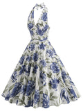 KYLETHOMASW  -  New Sexy Floral Print 1950 60s Party Vintage Women High Waist Dresses Halter Neck Evening Wear Hepburn Summer Cotton Dress