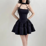 KYLETHOMASW  -  French Retro Red Bow Strap Neck Dress Waist Thin A Word Fluffy Suspender Short Skirt Spring