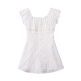 KYLETHOMASW  -  CHIC White Embroidery Lace Open Buttons Slash Shoulder Mini Dress Women Short Sleeve Slim Waist Dresses Holiday Robe Femme