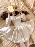 KYLETHOMASW  -  Elegant White Short Dress Autumn Women Lace Ruffles Elegant A-line Princess Dress French Birthday Party One Piece Mini Vestidos