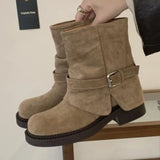 KYLETHOMASW  -  Fashion Metal Buckle Decoration Design Ankle Boots Women High Quality Retro Faux Suede Boots Comfortable Non-Slip Platform Boots