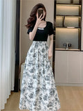 Kylethomasw Elegant Dresses for Women Patchwork A-line Long Dress Floral Print Vintage Casual Chinese Style New Summer One Piece Vestidos
